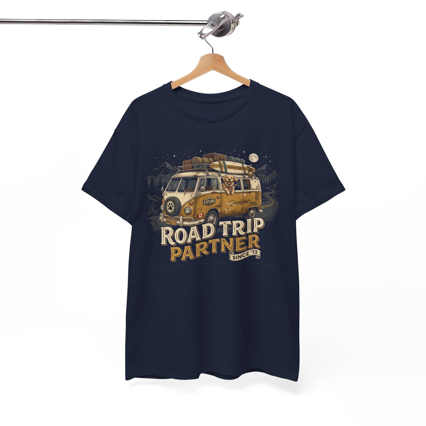 "Road Trip Partner" Dog Camper Van T-Shirt | Vintage Camper Van And Golden Dog Lover Graphic Tee