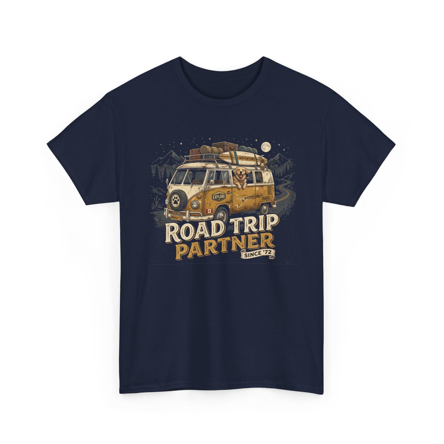 "Road Trip Partner" Dog Camper Van T-Shirt | Vintage Camper Van And Golden Dog Lover Graphic Tee