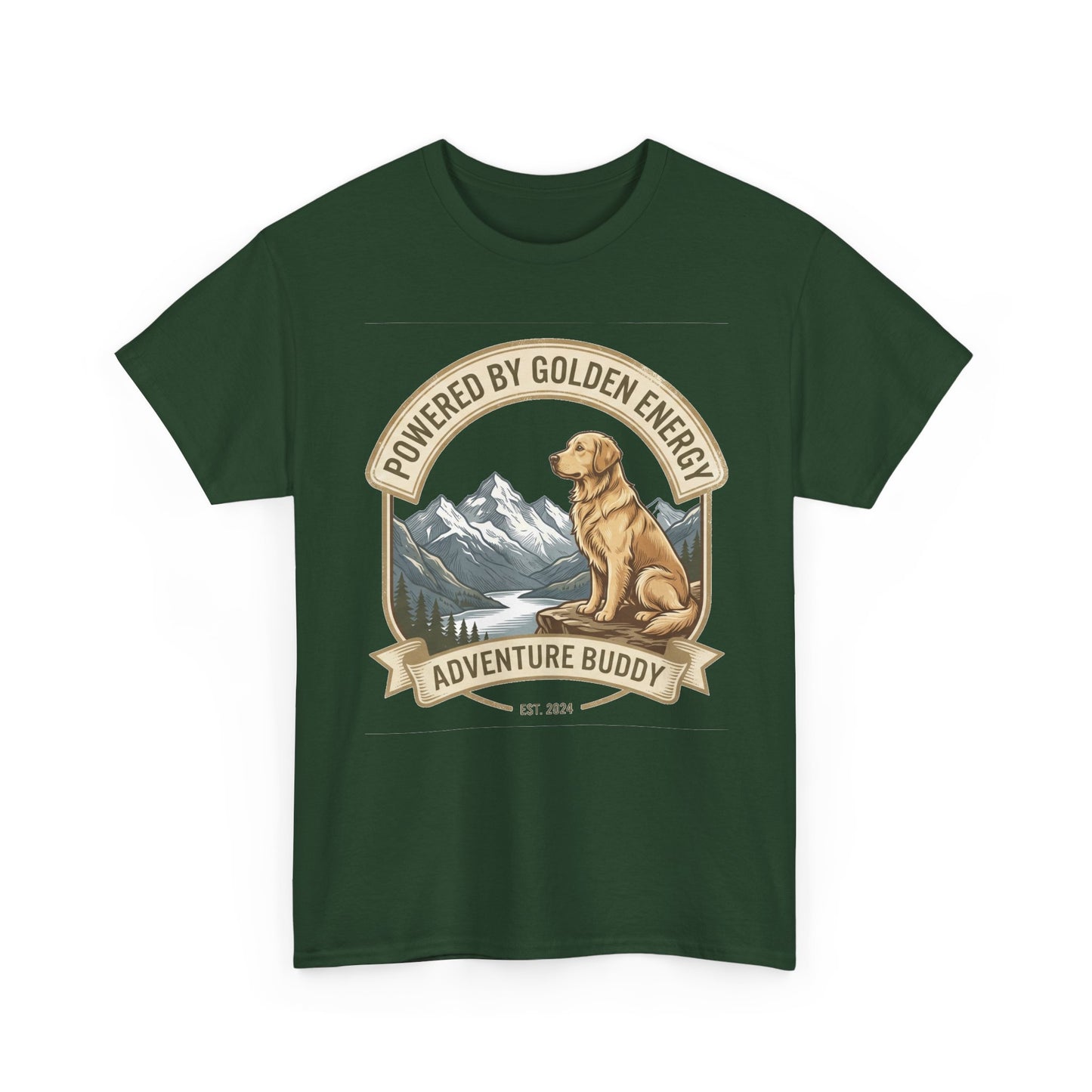 "Powered By Golden Energy" Golden Retriever Unisex Heavy Cotton T-Shirt | Adventure Buddy Dog Lover Outdoor Graphic Tee