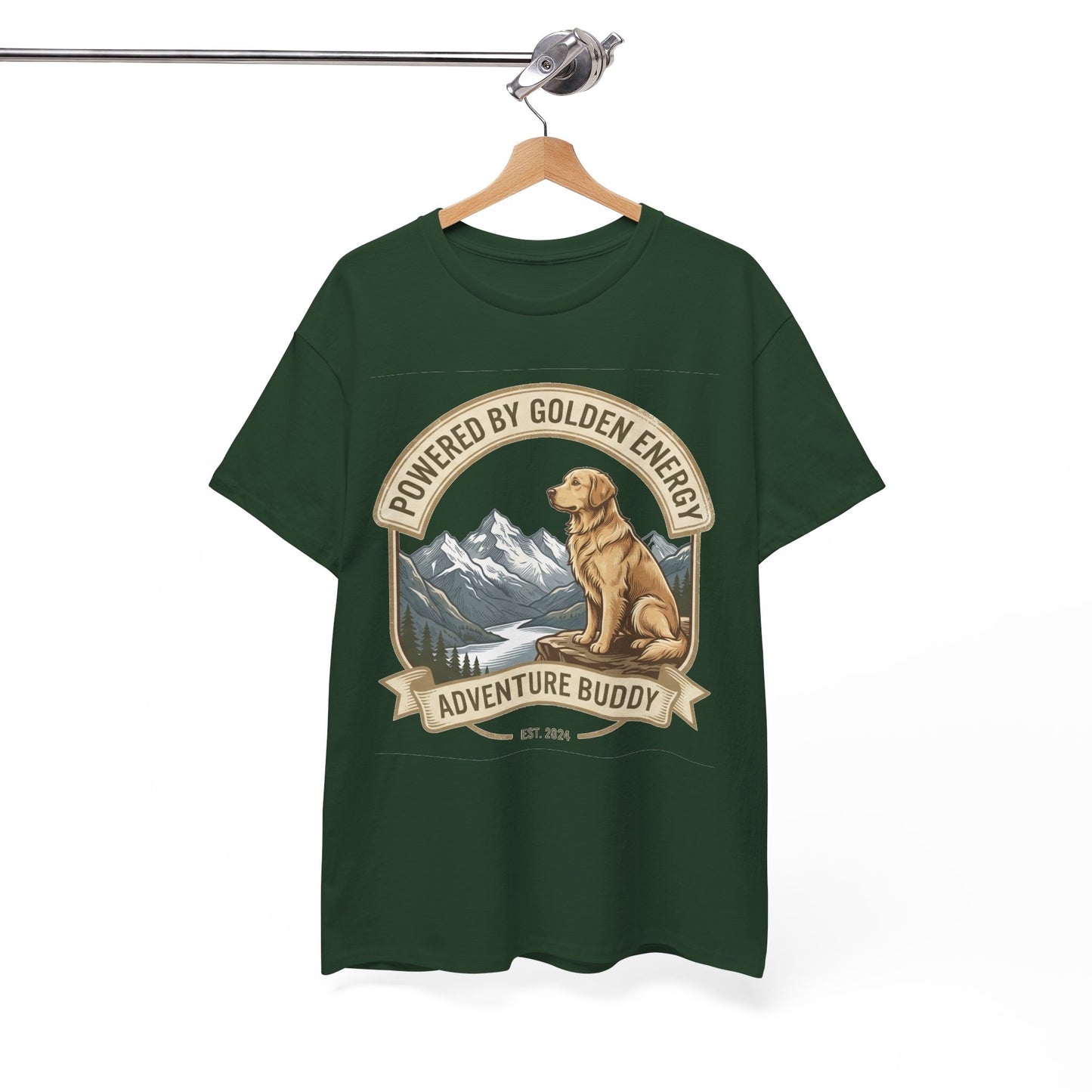 "Powered By Golden Energy" Golden Retriever Unisex Heavy Cotton T-Shirt | Adventure Buddy Dog Lover Outdoor Graphic Tee