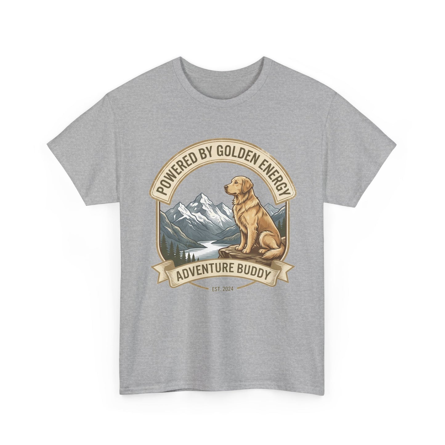 "Powered By Golden Energy" Golden Retriever Unisex Heavy Cotton T-Shirt | Adventure Buddy Dog Lover Outdoor Graphic Tee