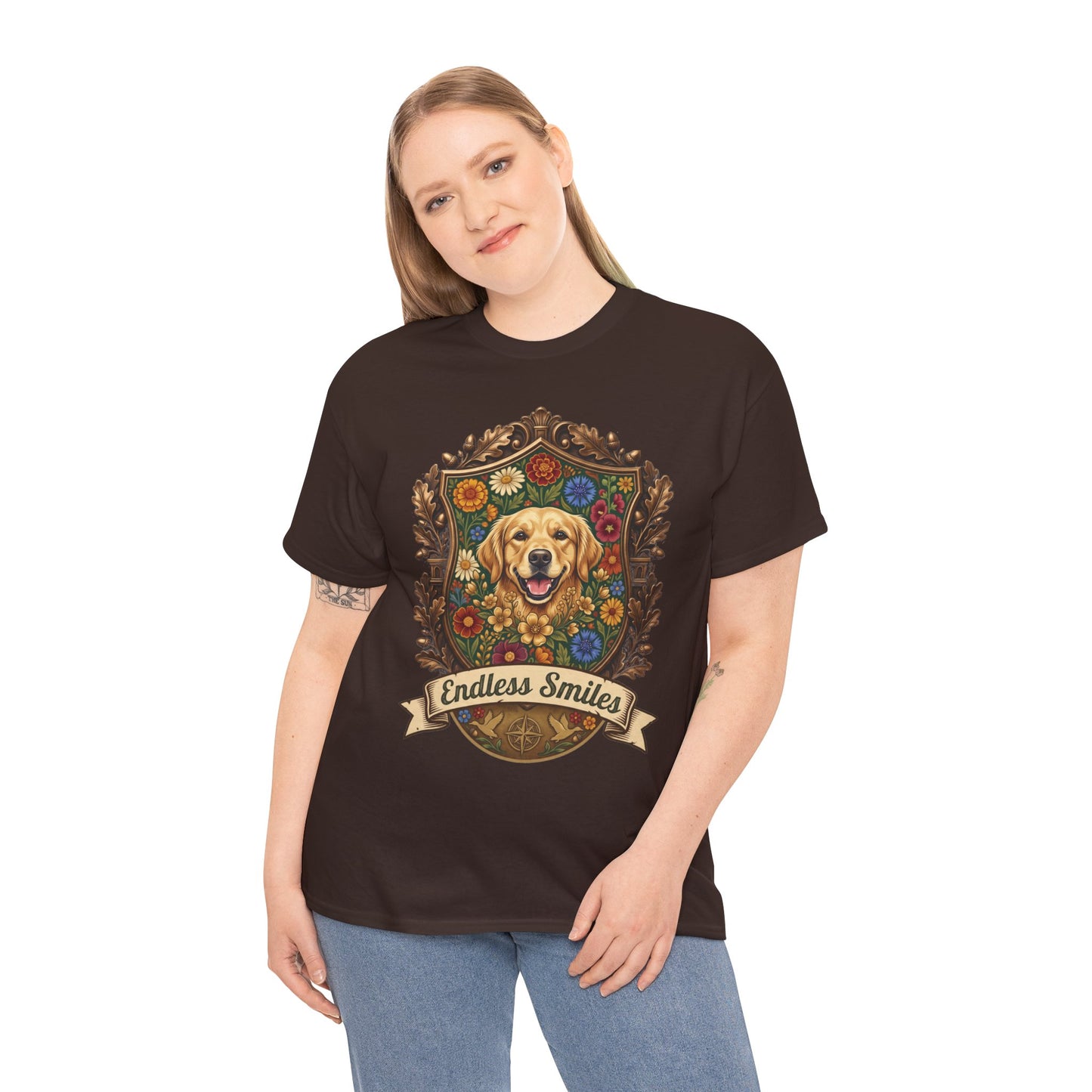Golden Retriever 'Endless Smiles' T-Shirt  Vintage Floral Crest Dog Graphic Tee