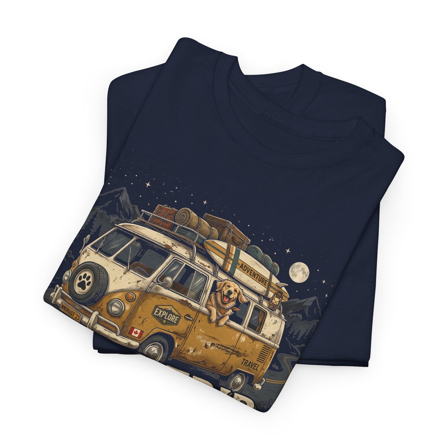 "Road Trip Partner" Dog Camper Van T-Shirt | Vintage Camper Van And Golden Dog Lover Graphic Tee