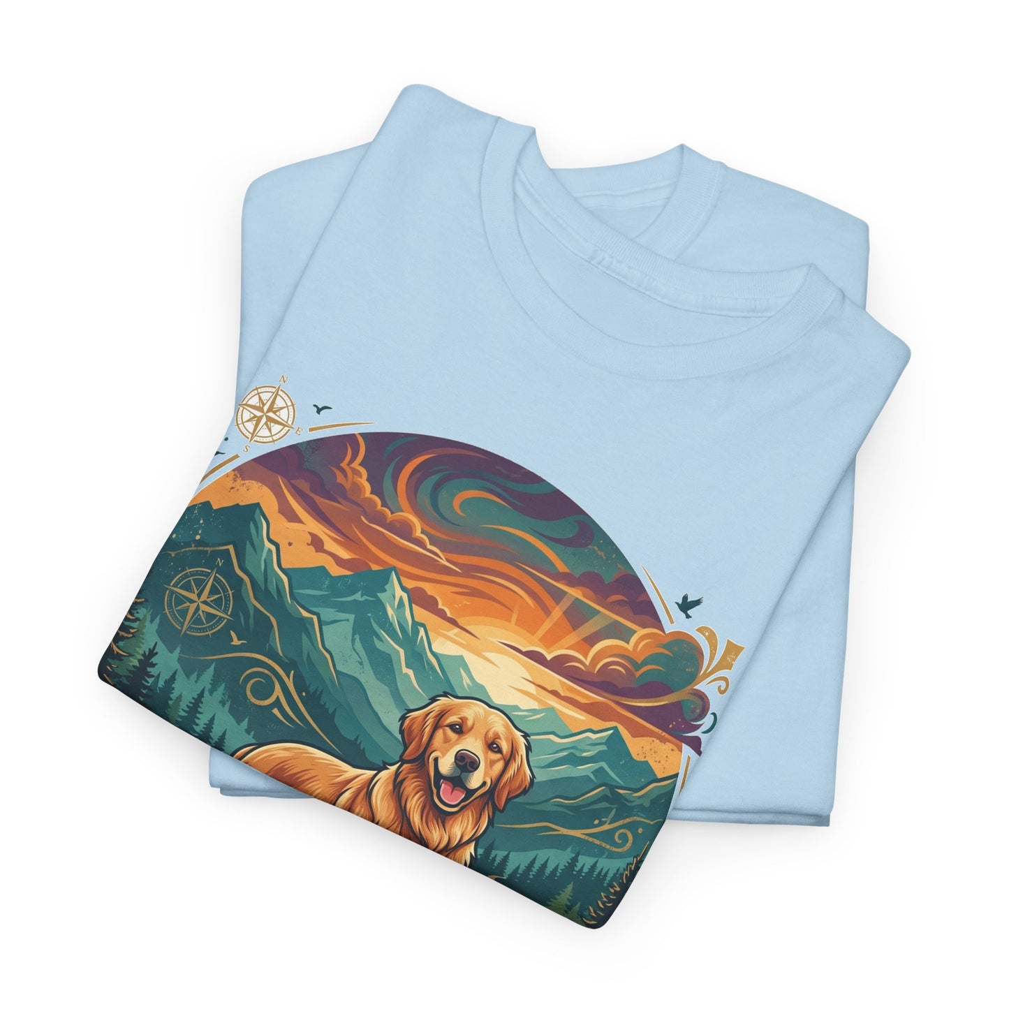 "Adventure Buddy" Golden Retriever T-Shirt | Light Blue Vintage Mountain And Nature Dog Lover Graphic Tee