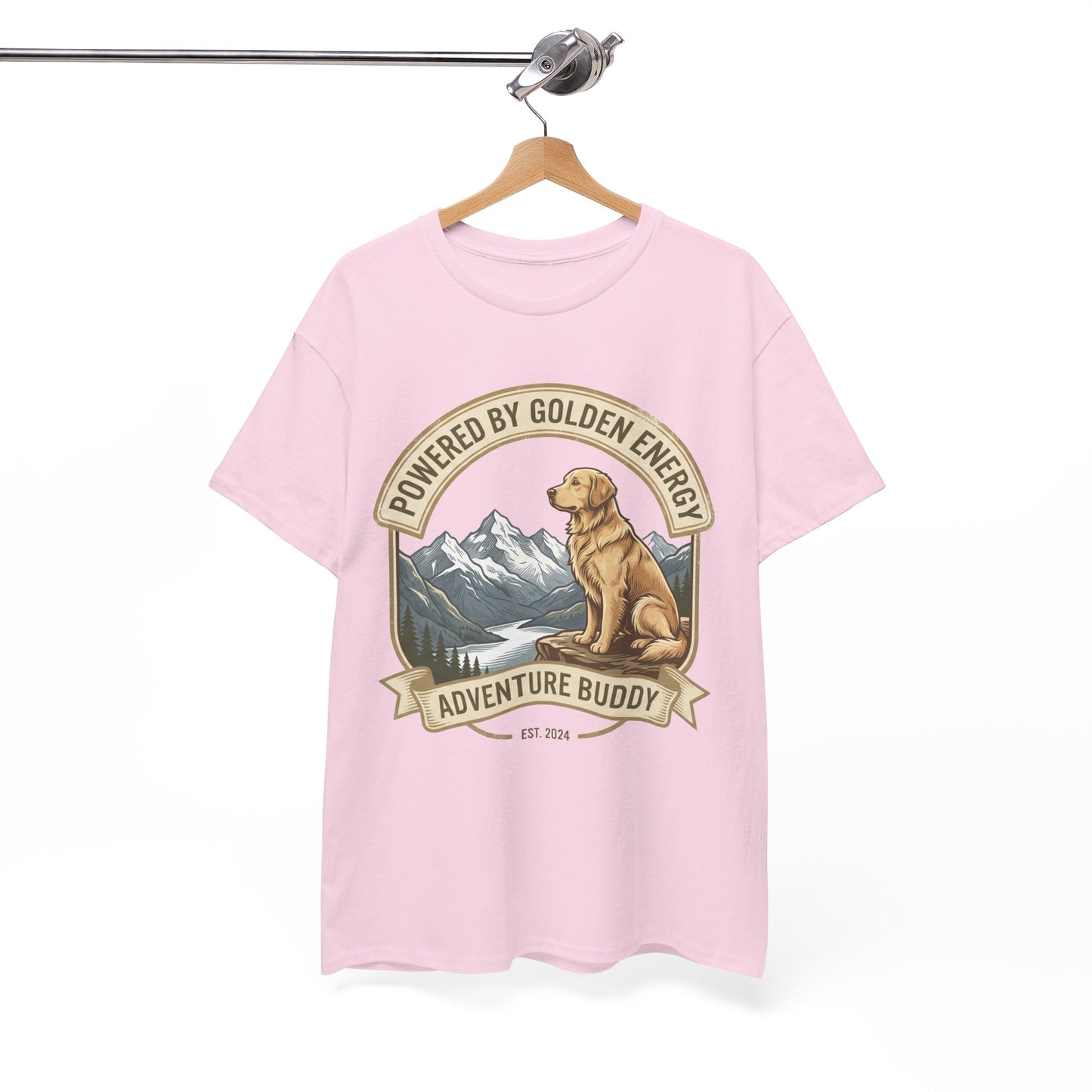 "Powered By Golden Energy" Golden Retriever Unisex Heavy Cotton T-Shirt | Adventure Buddy Dog Lover Outdoor Graphic Tee