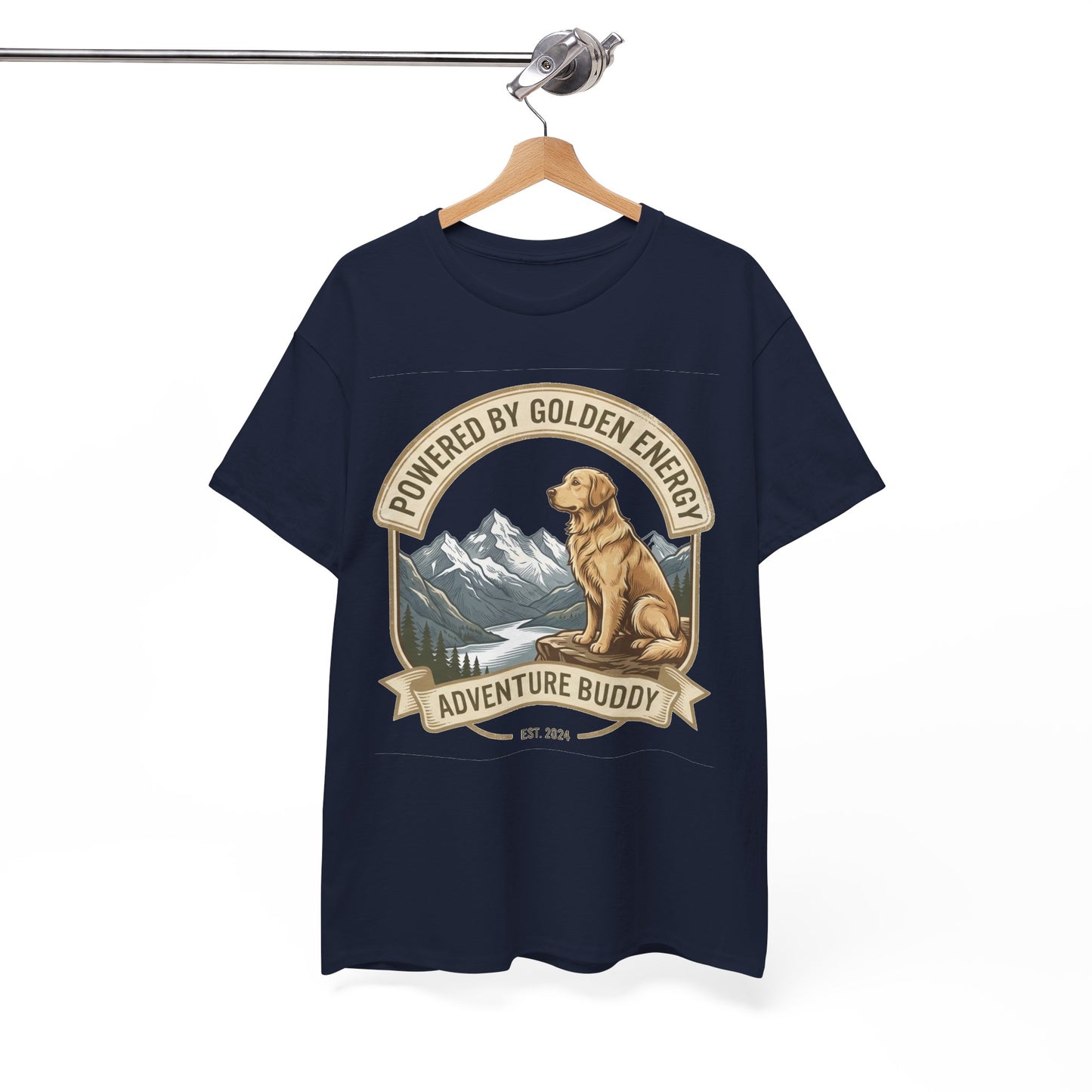 "Powered By Golden Energy" Golden Retriever Unisex Heavy Cotton T-Shirt | Adventure Buddy Dog Lover Outdoor Graphic Tee