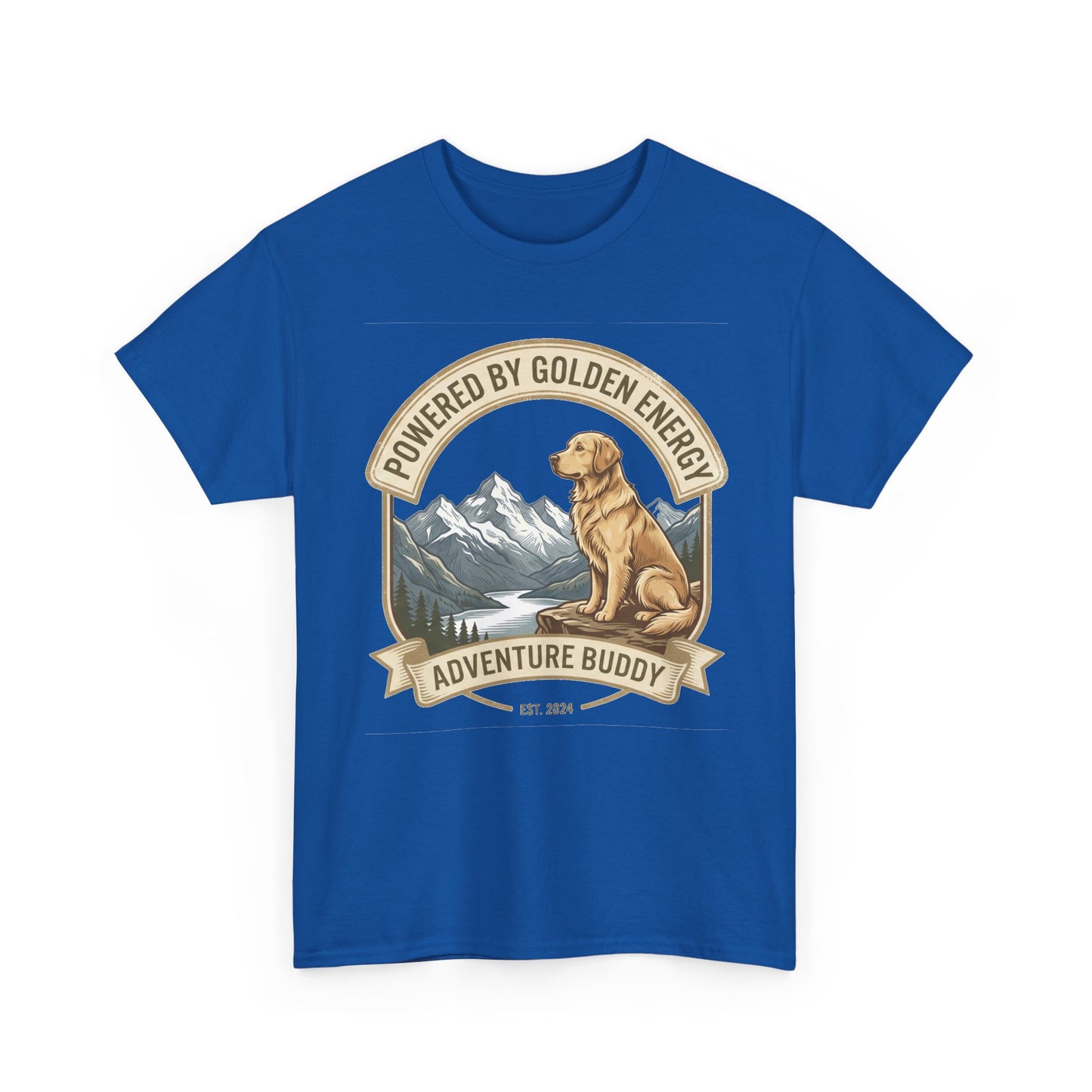"Powered By Golden Energy" Golden Retriever Unisex Heavy Cotton T-Shirt | Adventure Buddy Dog Lover Outdoor Graphic Tee