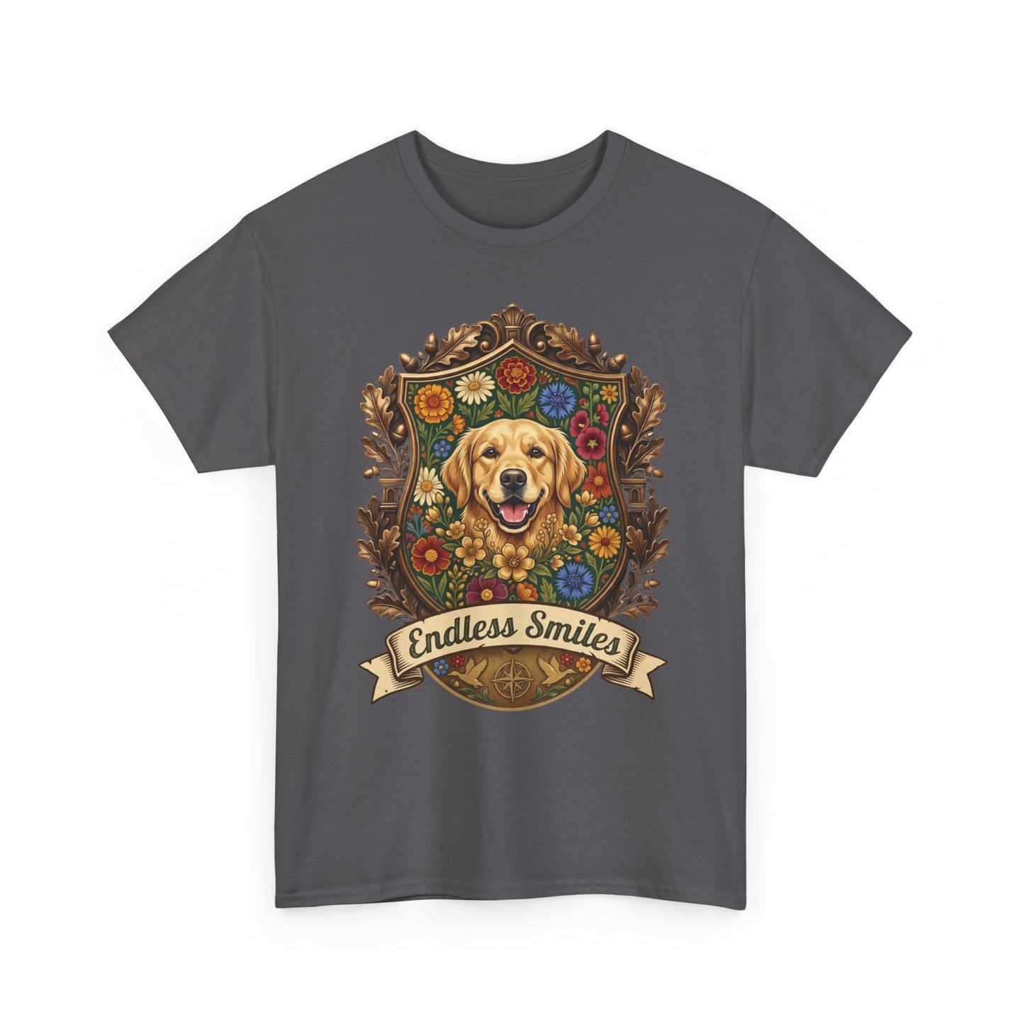 Golden Retriever 'Endless Smiles' T-Shirt  Vintage Floral Crest Dog Graphic Tee