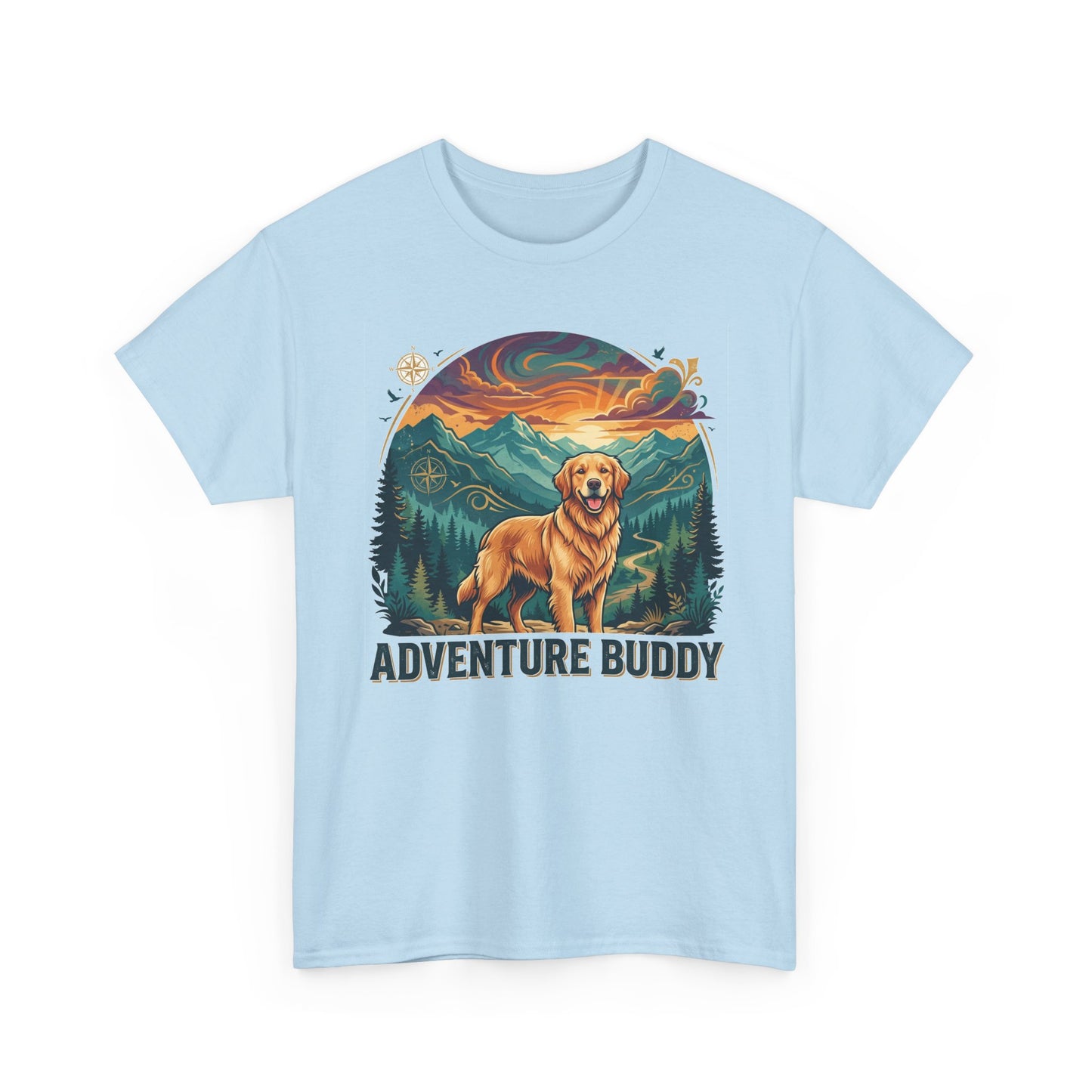 "Adventure Buddy" Golden Retriever T-Shirt | Light Blue Vintage Mountain And Nature Dog Lover Graphic Tee