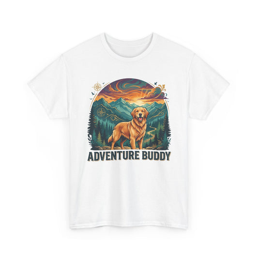 "Adventure Buddy" Golden Retriever T-Shirt | Light Blue Vintage Mountain And Nature Dog Lover Graphic Tee