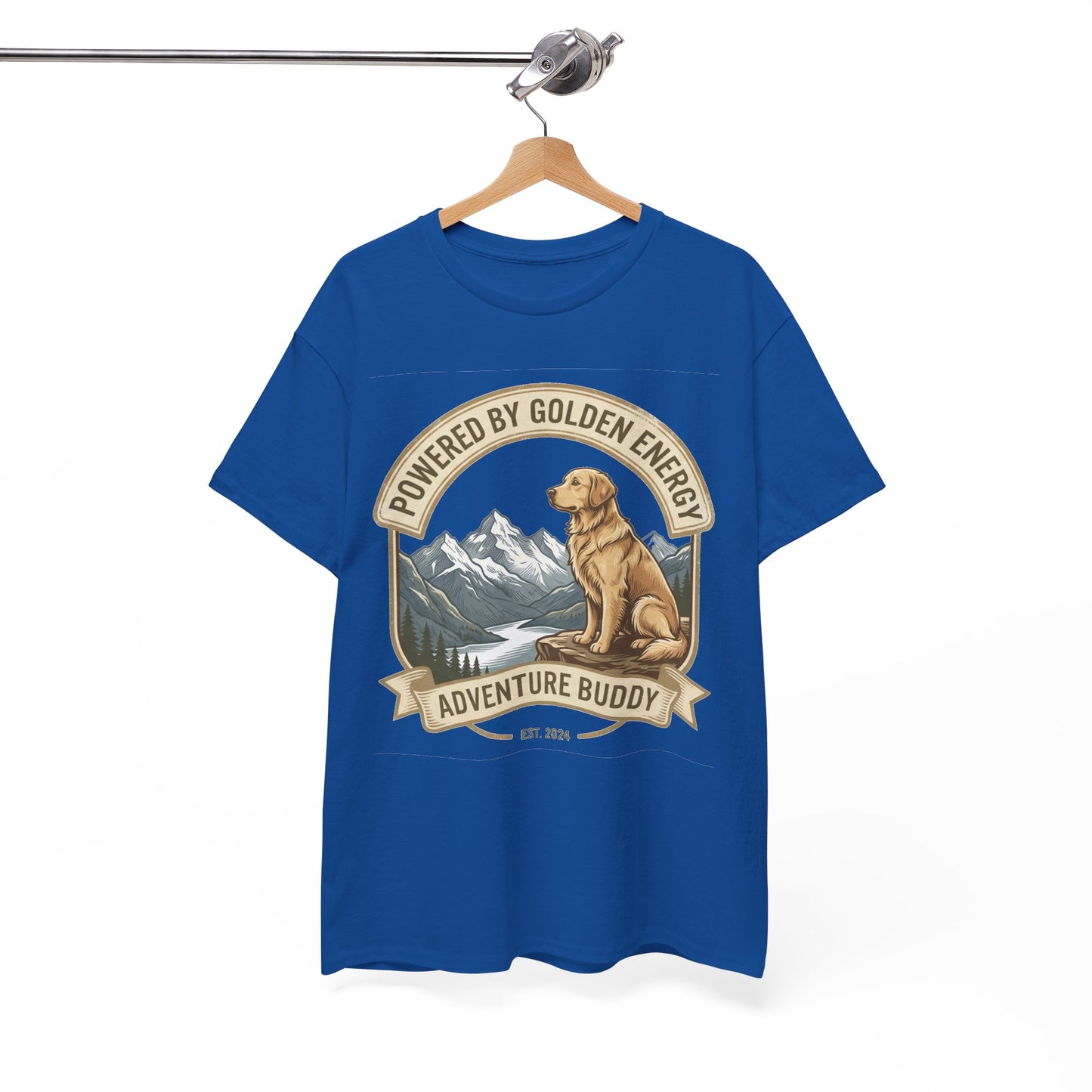 "Powered By Golden Energy" Golden Retriever Unisex Heavy Cotton T-Shirt | Adventure Buddy Dog Lover Outdoor Graphic Tee