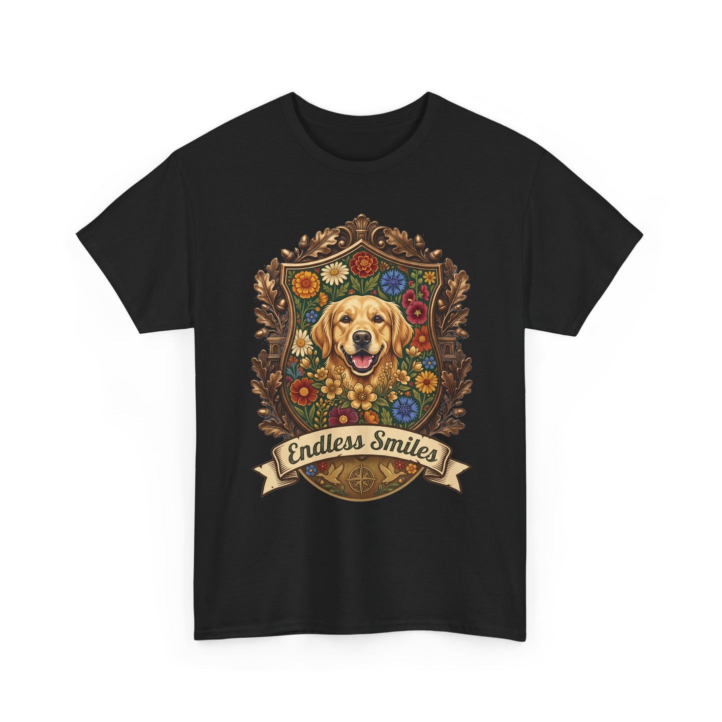 Golden Retriever 'Endless Smiles' T-Shirt  Vintage Floral Crest Dog Graphic Tee