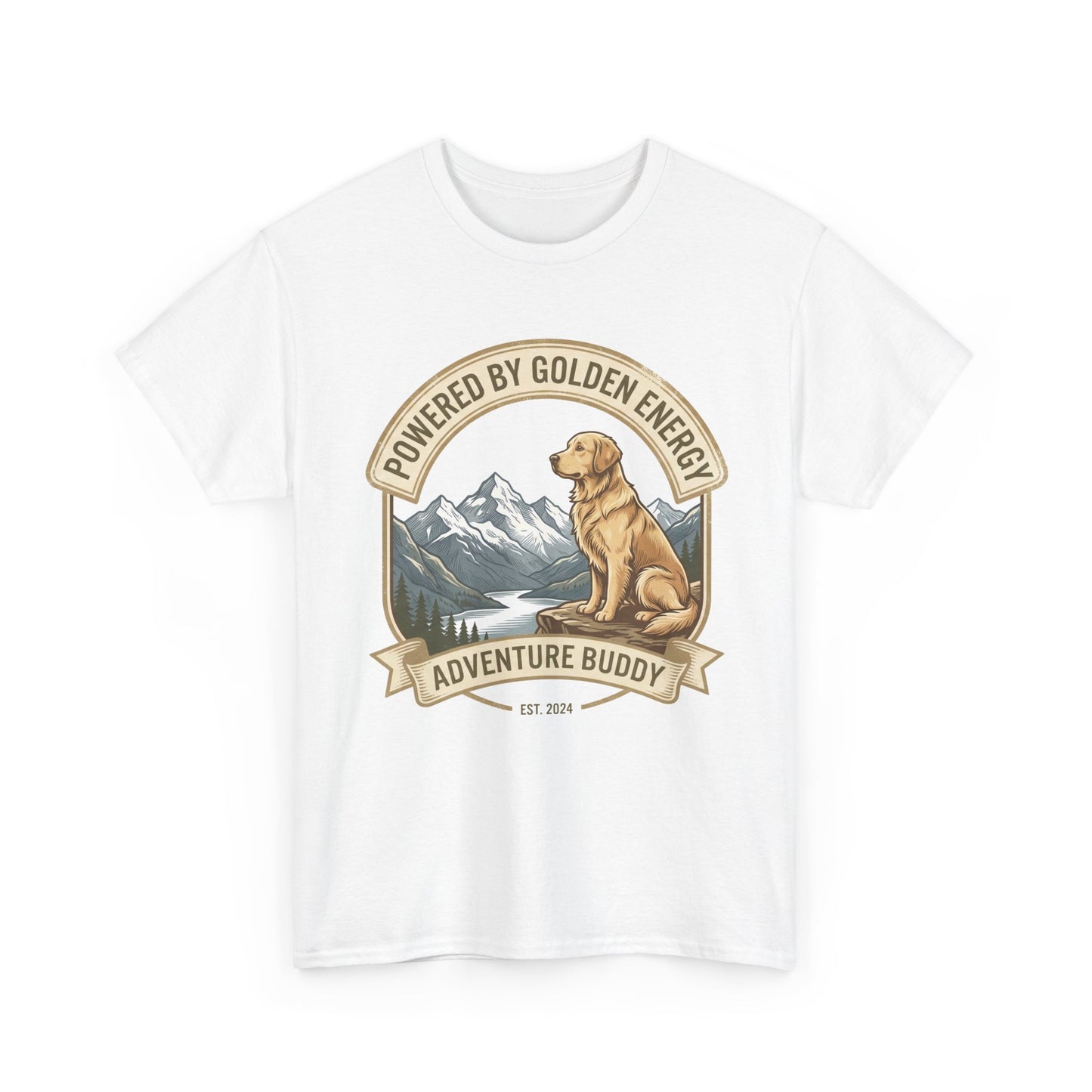 "Powered By Golden Energy" Golden Retriever Unisex Heavy Cotton T-Shirt | Adventure Buddy Dog Lover Outdoor Graphic Tee