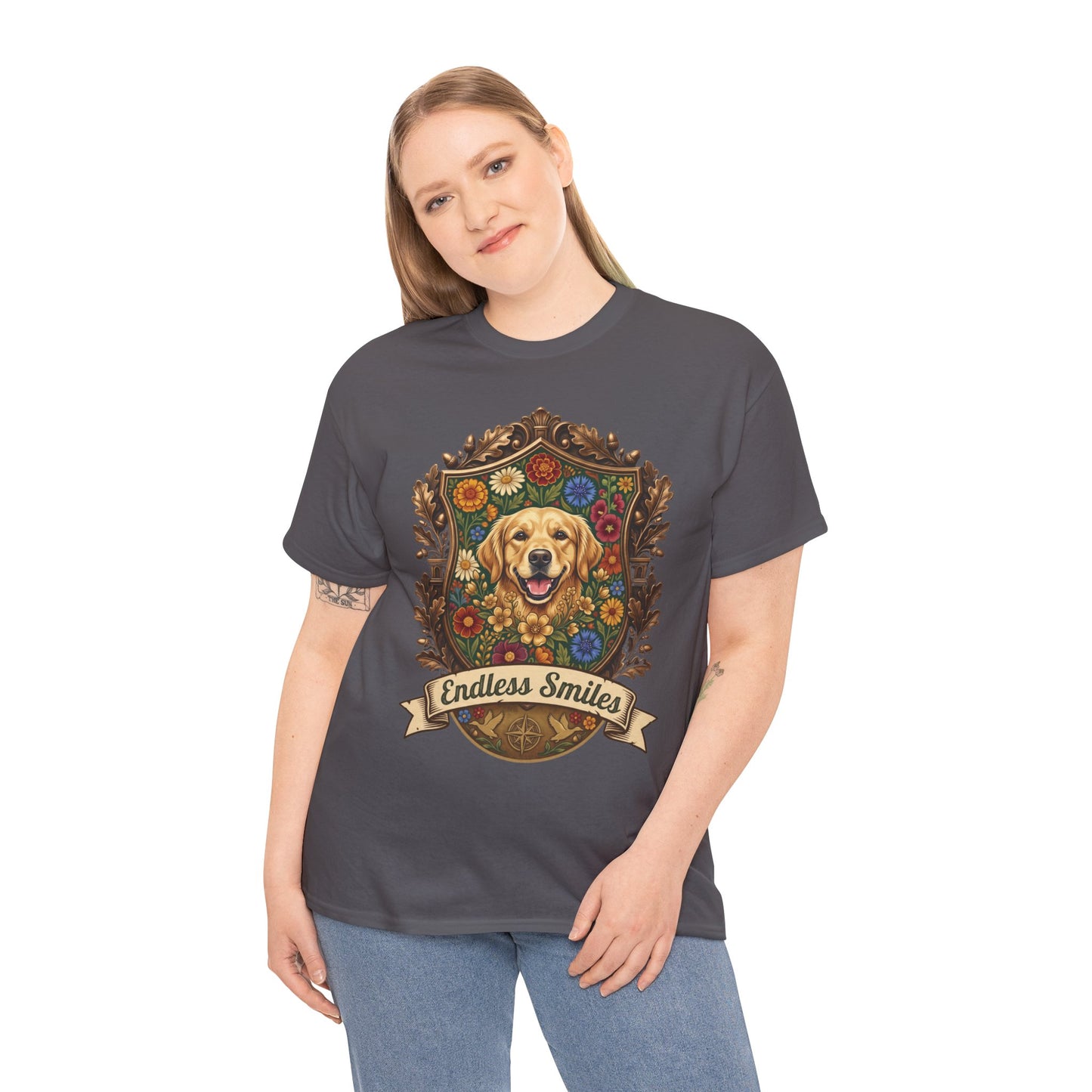Golden Retriever 'Endless Smiles' T-Shirt  Vintage Floral Crest Dog Graphic Tee