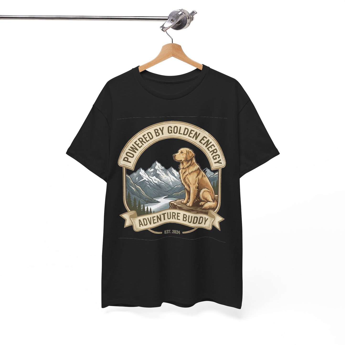 "Powered By Golden Energy" Golden Retriever Unisex Heavy Cotton T-Shirt | Adventure Buddy Dog Lover Outdoor Graphic Tee