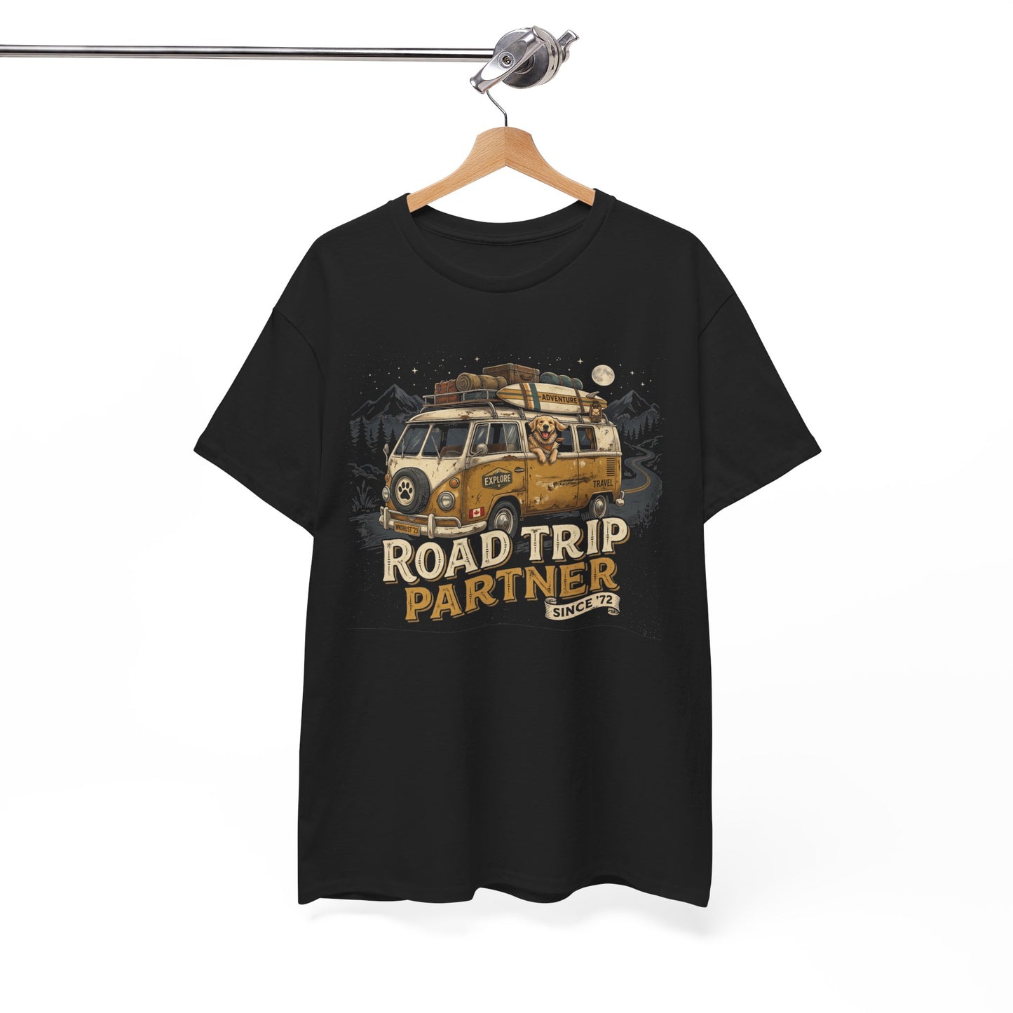 "Road Trip Partner" Dog Camper Van T-Shirt | Vintage Camper Van And Golden Dog Lover Graphic Tee