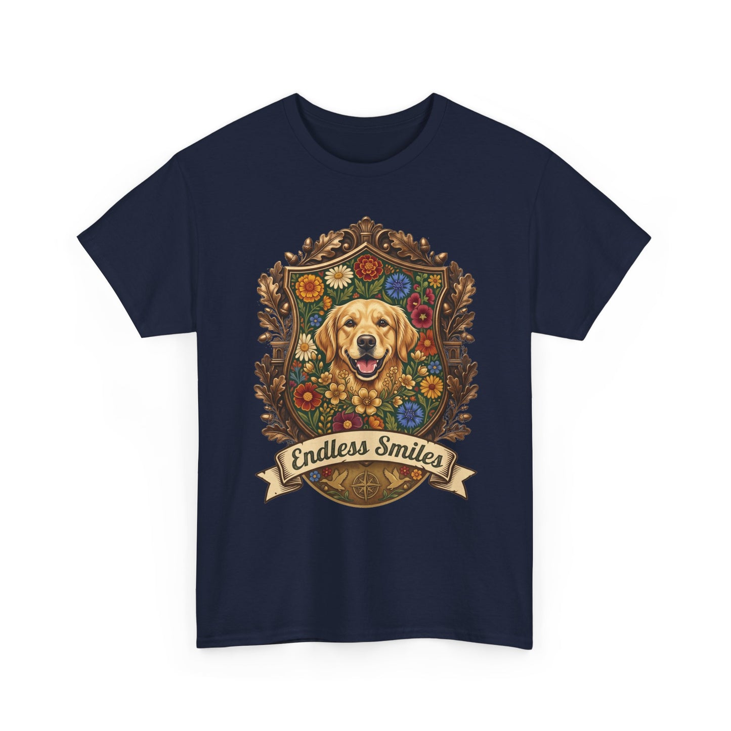 Golden Retriever 'Endless Smiles' T-Shirt  Vintage Floral Crest Dog Graphic Tee