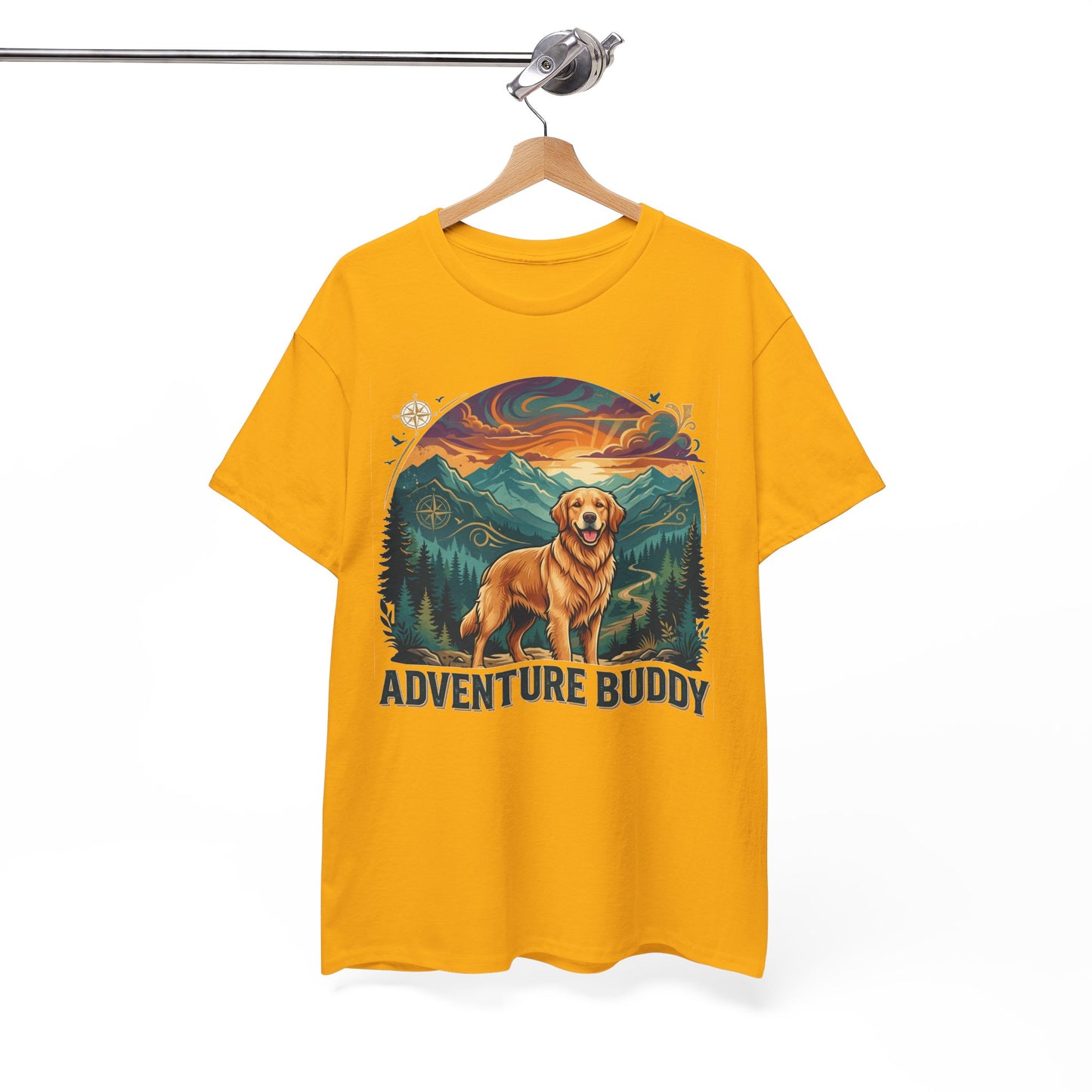 "Adventure Buddy" Golden Retriever T-Shirt | Light Blue Vintage Mountain And Nature Dog Lover Graphic Tee