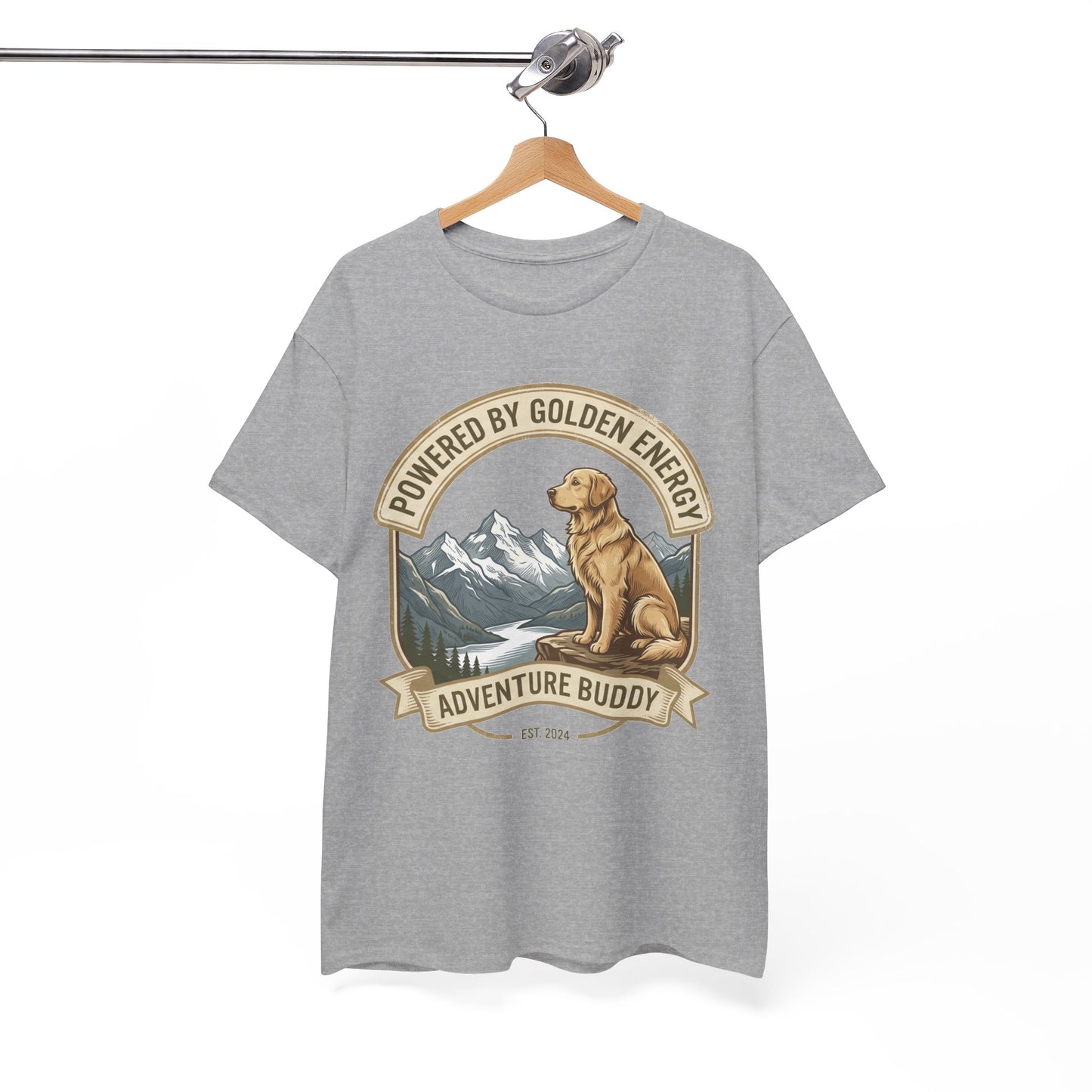 "Powered By Golden Energy" Golden Retriever Unisex Heavy Cotton T-Shirt | Adventure Buddy Dog Lover Outdoor Graphic Tee