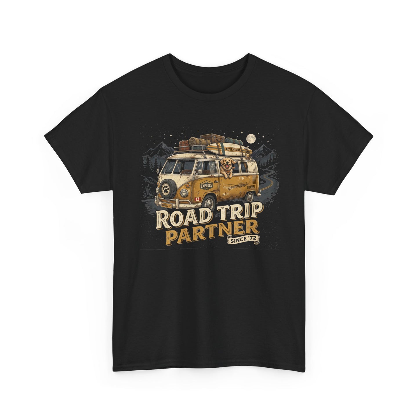 "Road Trip Partner" Dog Camper Van T-Shirt | Vintage Camper Van And Golden Dog Lover Graphic Tee
