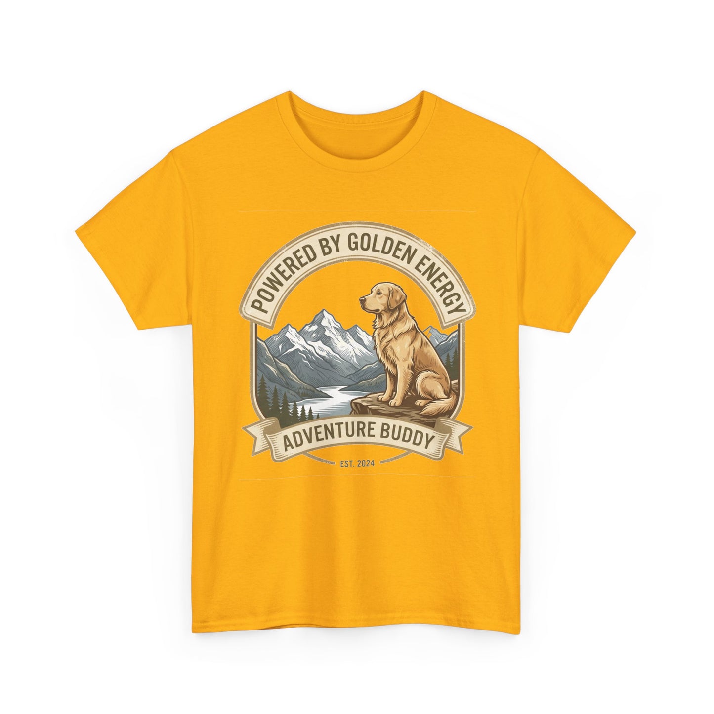 "Powered By Golden Energy" Golden Retriever Unisex Heavy Cotton T-Shirt | Adventure Buddy Dog Lover Outdoor Graphic Tee