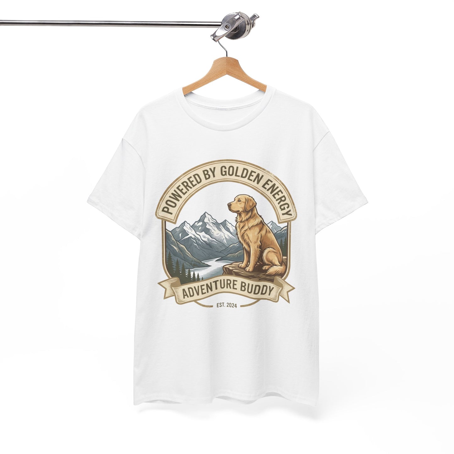 "Powered By Golden Energy" Golden Retriever Unisex Heavy Cotton T-Shirt | Adventure Buddy Dog Lover Outdoor Graphic Tee