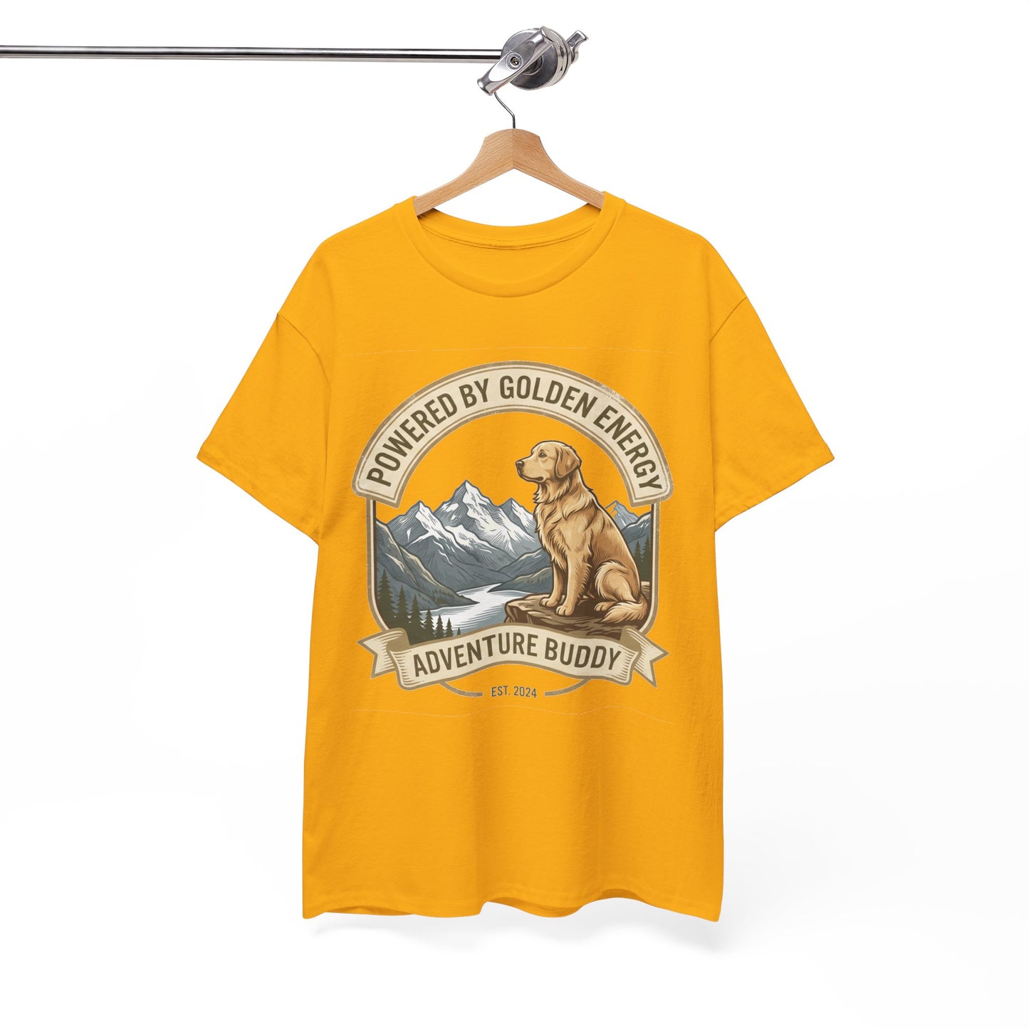 "Powered By Golden Energy" Golden Retriever Unisex Heavy Cotton T-Shirt | Adventure Buddy Dog Lover Outdoor Graphic Tee